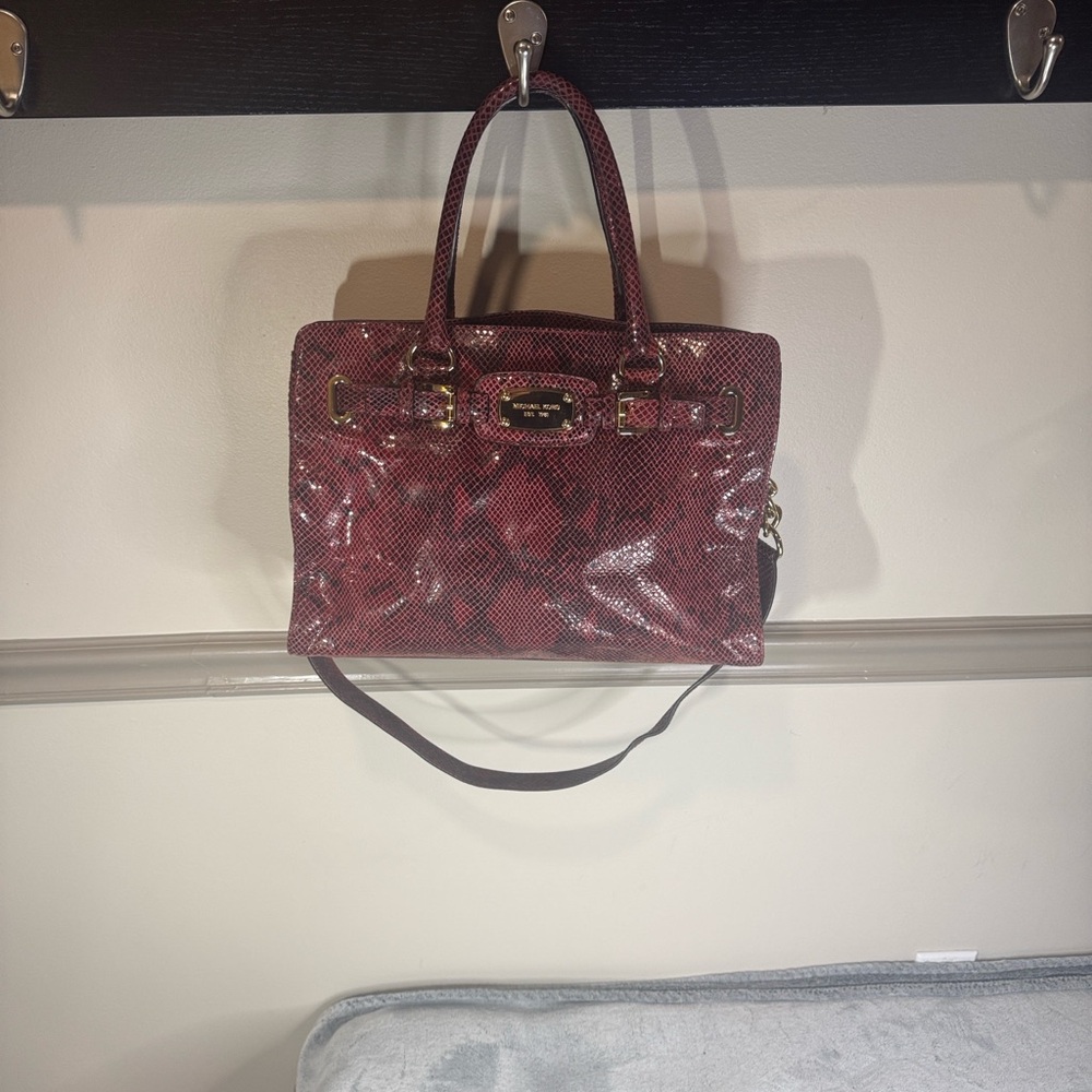 Michael Kors Large Red & Black Python Embossed Leather Satchel - Gold HW - Picture 3 of 16